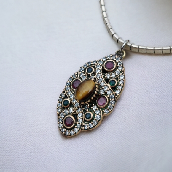 Vintage sterling ruby, green emerald and tigers eye pendant - Picture 1 of 13